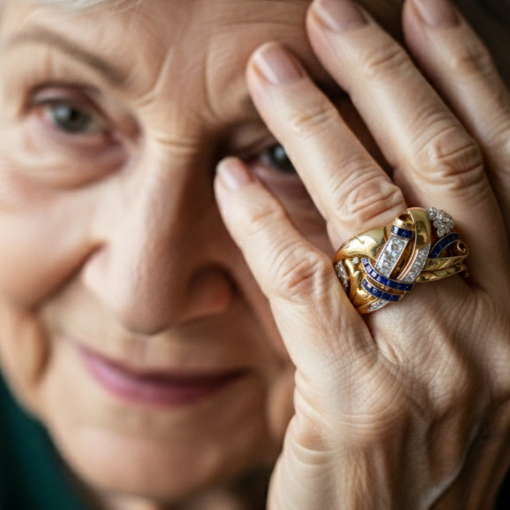 Złoty Vintage Pierścionek z Niebieską Cyrkonią