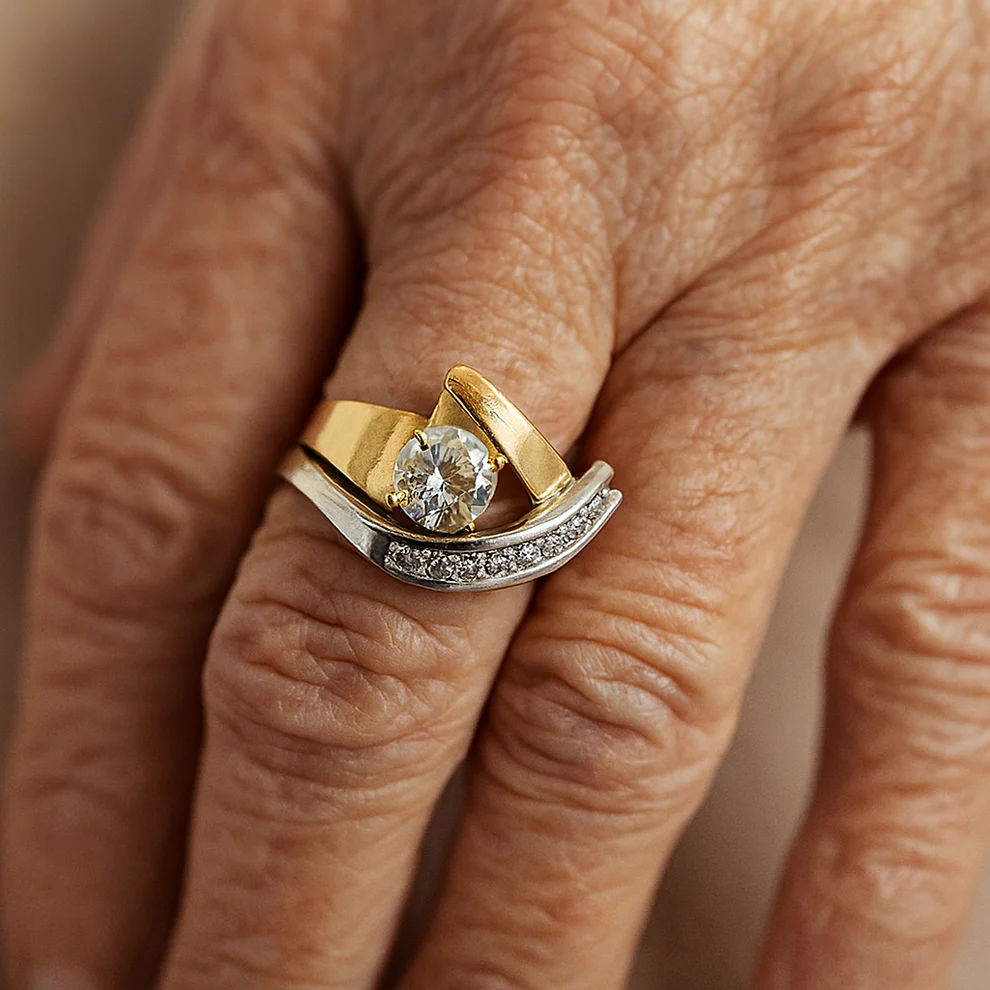 Vintage Anel Nieregularny w Złocie i Srebrze z Cyrkonią