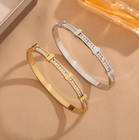 Prosta Geometriczna Otwarta Bransoletka z Dwiema Warstwami Cyrkonii