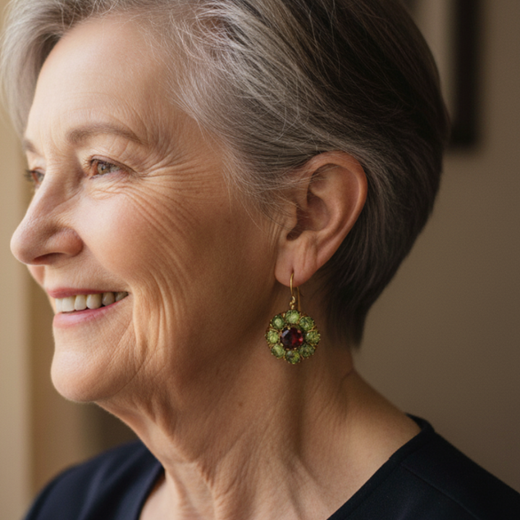 Kolczyki Vintage Okrągłe z Zielonymi i Czerwonymi Kryształami