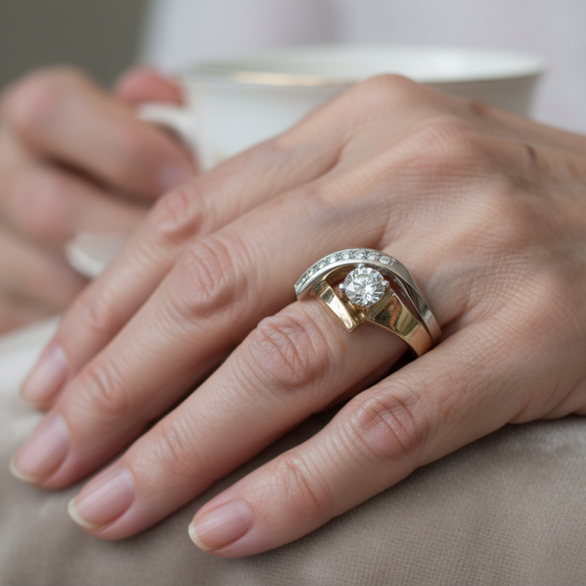 Vintage Anel Nieregularny w Złocie i Srebrze z Cyrkonią