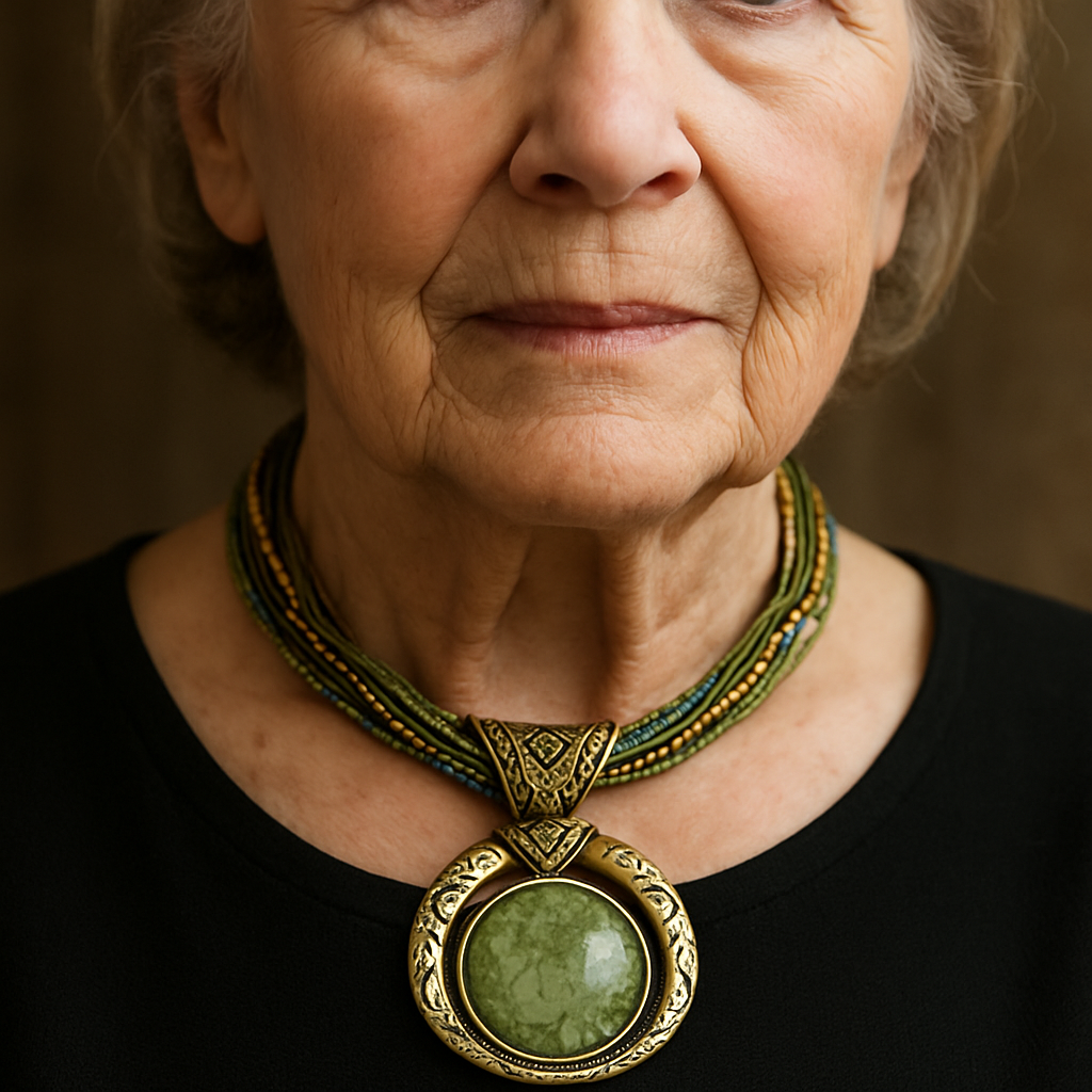 Kolor Vintage z Etnicznym Wisiorkiem w Zielonym Kryształku